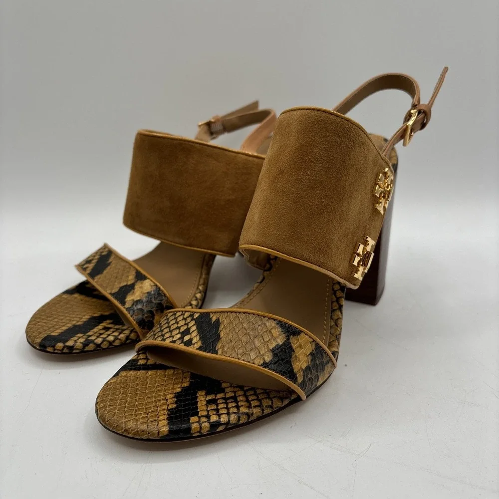 Tory‎ Burch Kira Heeled Sandals Women's 7 Brown Snake Print Suede Leather